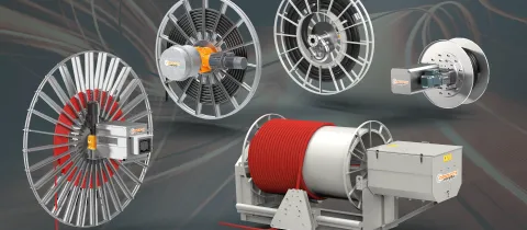 The image shows the Conductix‑Wampfler Motor‑Driven Reels product family