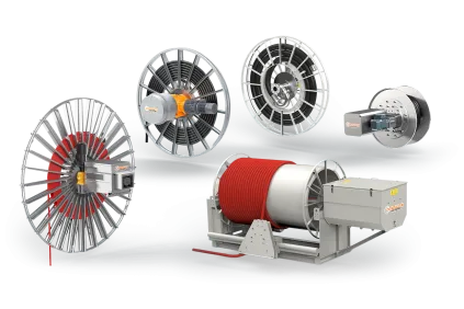 The image shows the Conductix‑Wampfler Motor‑Driven Reels product family teaser