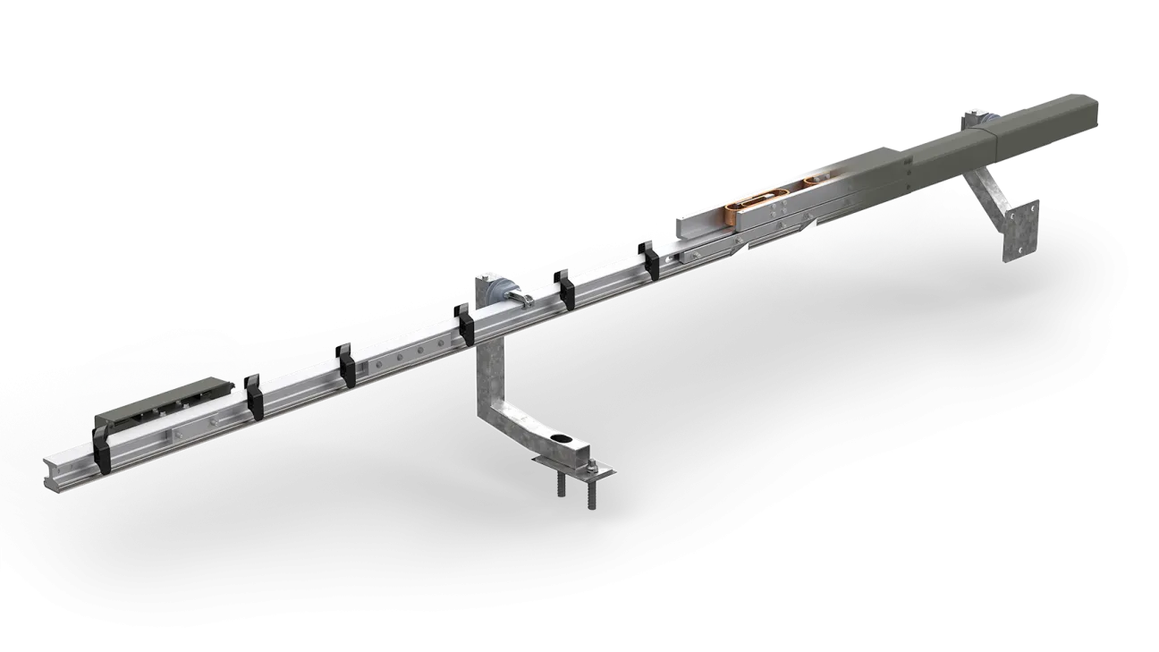 The image shows the Conductix‑Wampfler Welded Cap Third Rail System Teaser