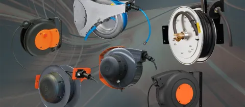 The image shows the Conductix‑Wampfler Spring Reels in Ergonomic Handling product family overview